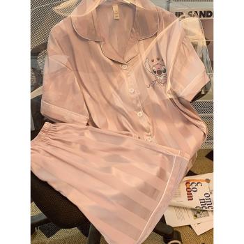 網紅風女夏天短袖模擬絲綢睡衣