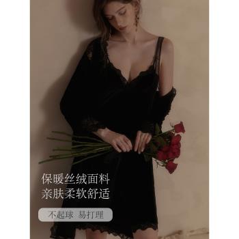 宋夫人 性感睡衣女春秋款2023新款金絲絨吊帶睡裙夏季家居服套裝