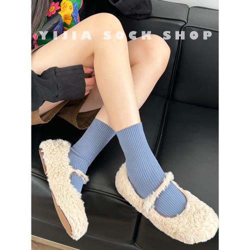 藍色襪子女士中筒襪秋冬日系堆堆襪潮網紅款純色無骨長襪柔軟簡約