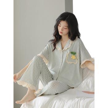 古今女純棉短袖長褲格子翻領睡衣