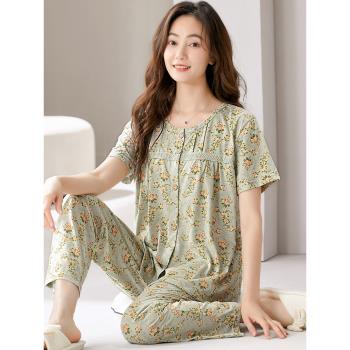 夏季中老年人女士純棉短袖長褲開衫睡衣薄款媽媽圓領家居服套裝夏