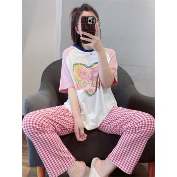 愛心純棉女春夏季休閑圓領睡衣