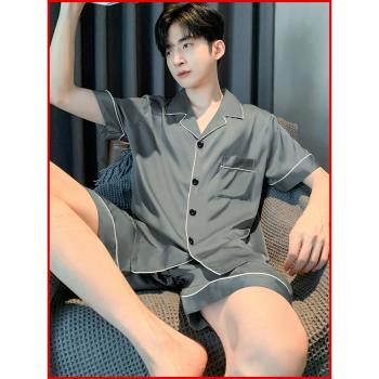 2023新款網紅短袖冰絲男士睡衣夏季天青少年學生模擬絲家居服套裝