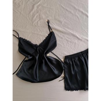 法式黑色高級冰絲睡衣純欲女性感夏季蕾絲花邊吊帶短褲家居服套裝