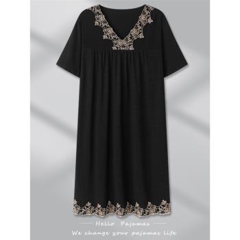女士夏季莫代爾涼感短袖睡裙2024新款薄款連衣裙花邊蕾絲性感睡衣