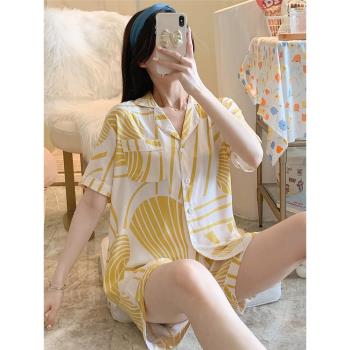 夏短袖小清新睡衣女套裝薄款棉綢