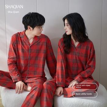 莎倩女純棉紅色格子新婚情侶睡衣