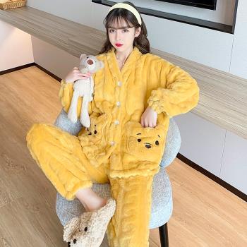 睡衣女秋冬天珊瑚絨長袖加絨加厚2025年新款網紅法蘭絨家居服套裝