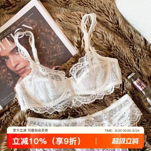 法式蕾絲內衣女士超薄款大胸顯小性感蕾絲有鋼圈上托文胸胸罩套裝