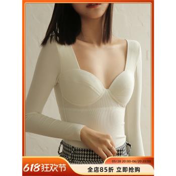 德絨無痕發熱保暖內衣女士低領帶胸墊冬季打底衫上衣長袖加絨秋衣