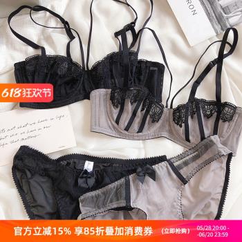 小眾復古貝殼半杯宮廷蕾絲綁帶細帶性感透視網紗聚攏文胸套裝內衣