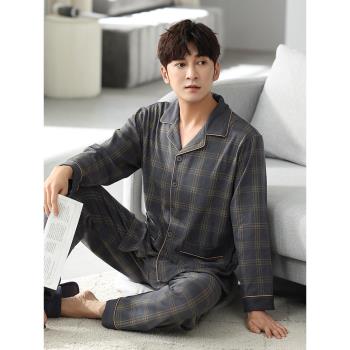 睡衣男春秋季長袖純棉爸爸家居服夏季薄款全棉大碼中老年男士套裝
