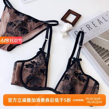 深U低心位超薄網紗刺繡蕾絲性感聚攏文胸套裝大胸顯小bra內衣Q