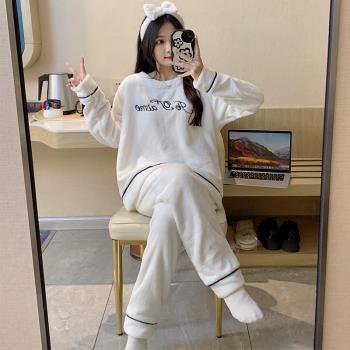 睡衣女秋冬珊瑚絨加厚加絨套裝可愛法蘭絨甜美學生長袖家居服春秋