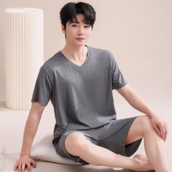 睡衣男夏季薄款寬松加肥加大莫代爾棉青中老年家居服冰絲短袖套裝