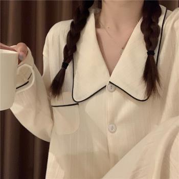 夏莉家 ins春季簡約娃娃領對襟撞色包邊長袖提花杏色睡衣家居服女