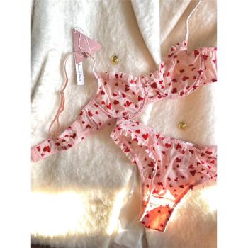 心動訊號/美式性感超薄大胸顯小胸內衣女粉色愛心蕾絲純欲文胸罩