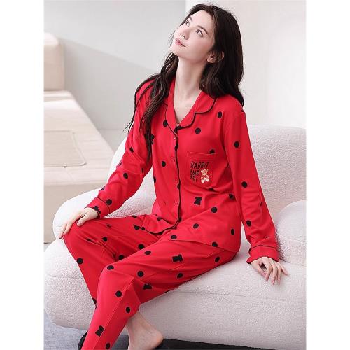芬騰睡衣女春秋季純棉長袖開衫寬松可外穿秋冬全棉家居服全棉套裝
