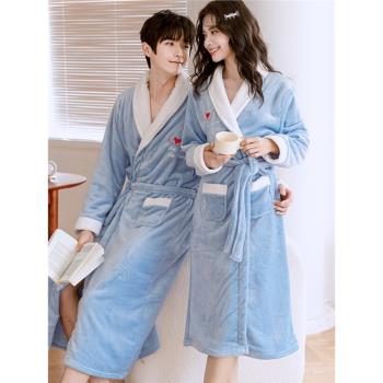 春秋冬季加厚珊瑚絨睡袍女加絨浴袍情侶睡衣法蘭絨晨袍長款浴衣男
