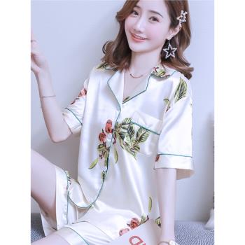 春秋季冰絲睡衣女款夏季薄款短袖短褲絲綢套裝夏天可愛家居服大碼