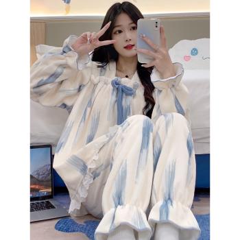 睡衣女秋冬季加絨加厚款珊瑚絨長袖冬天保暖甜美法蘭絨家居服套裝