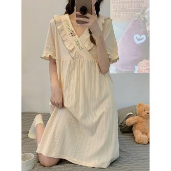 短袖純棉夏季天V領睡裙少女網紅風薄款大碼可愛小熊孕婦睡衣外穿