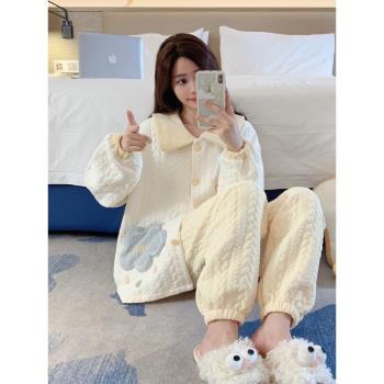 睡衣女春秋季純棉長袖空氣夾層網紅風卡通彩虹大碼冬天家居服套裝
