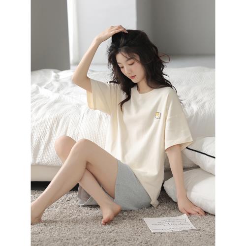 芬騰可安睡衣女2023款春夏季薄款純棉純色系短袖休閑家居服兩件套