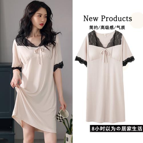 帶胸墊睡裙女夏季薄款短袖純棉莫代爾大碼睡衣胖MM蕾絲性感家居服
