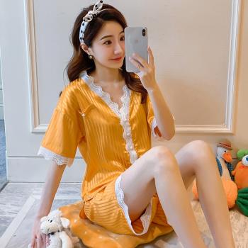 夏天短袖套裝高階感絲綢女士睡衣