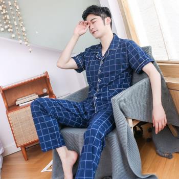 男士短袖長褲全棉加肥加大碼睡衣