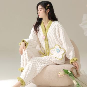 女保暖珊瑚絨簡約休閑田園風睡衣