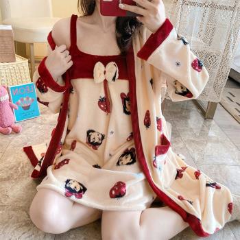 睡衣女秋冬季珊瑚絨可愛性感法蘭絨系繩睡袍兩件套睡裙春天家居服