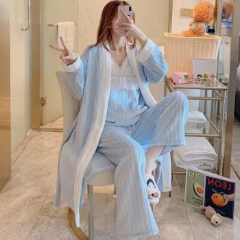 網紅性感睡衣女秋冬季2025年新款珊瑚絨保暖加厚睡袍三件套家居服