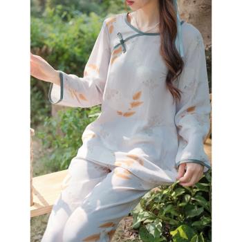 新中式國風月季印花棉紗布長袖睡衣女秋冬季盤扣漢服純棉家居服