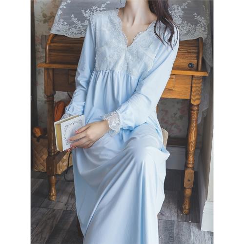 復古宮廷風蕾絲邊純棉睡衣女夏季V領純色長款公主睡裙家居服春秋