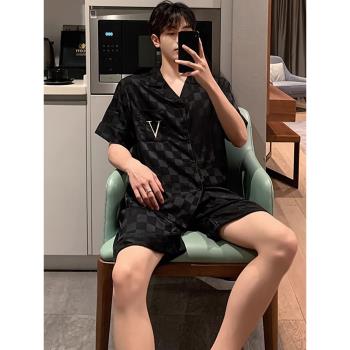冰絲睡衣男夏季短袖短褲綢緞時尚簡約絲綢家居服兩件套裝