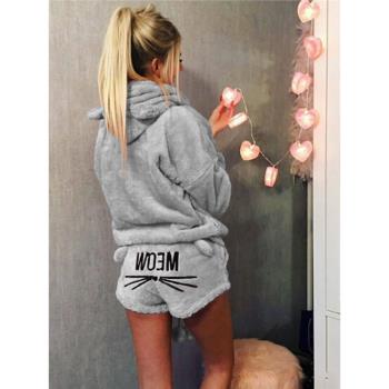 Winter Women Hoodies Suit Lady pajamas耳朵長袖家居套裝女睡衣