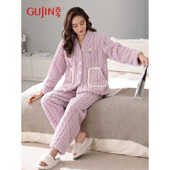 古今@睡衣女秋冬款法蘭絨加厚加絨珊瑚絨可外穿家居服套裝高階感