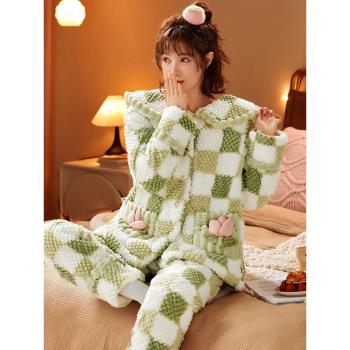 睡衣女士秋冬季珊瑚絨夾棉三層加厚加絨冬款外穿家居服套裝法蘭絨