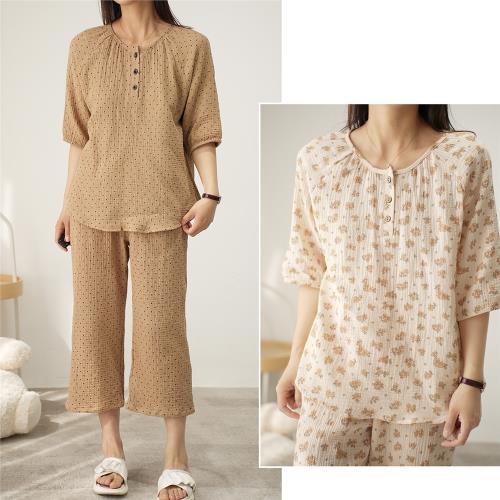 XJ 女士純棉家居套裝波點全棉睡衣睡褲 短袖七分褲夏款女裝