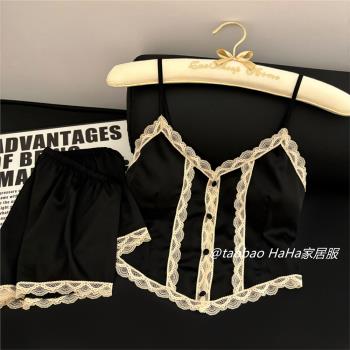 法式冰絲性感蕾絲吊帶睡衣女夏 帶胸墊純欲睡袍短褲家居服三件套