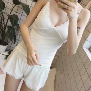 夏季新品一件代發柔軟螺紋棉蕾絲邊吊帶短褲晚安睡衣套裝舒適包郵