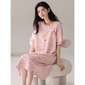 浪莎睡裙女士夏季純棉薄款短袖家居服全棉可外穿中長款連衣裙睡衣