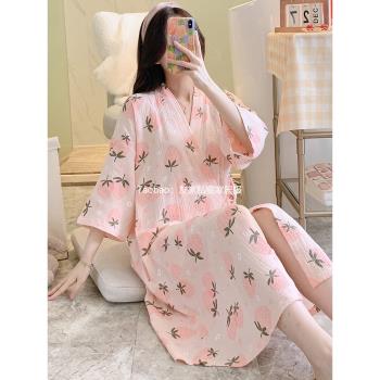 棉麻睡裙女夏季純棉紗布薄款開衫系帶睡袍少女和服式睡衣甜妹夏款