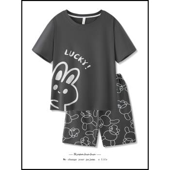 可愛簡筆小兔情侶睡衣女夏天純棉短袖休閑可外穿套頭圓領家居服男