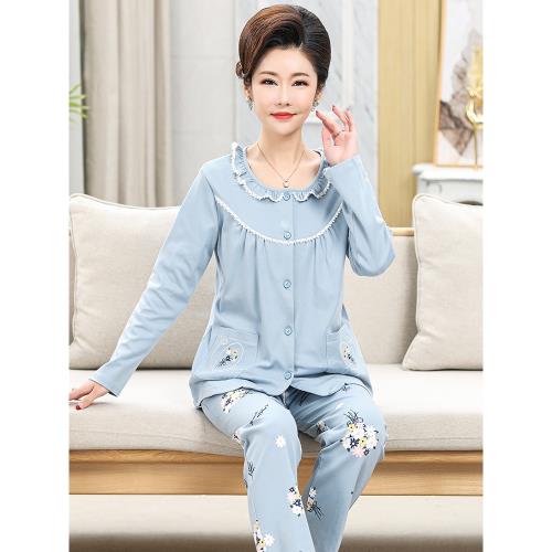 媽媽睡衣女士春秋款純棉長袖秋季圓領開衫大碼中老年人家居服套裝
