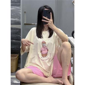 日系短袖睡衣女夏甜美可愛小熊印花家居服大碼胖mm200斤短褲套裝