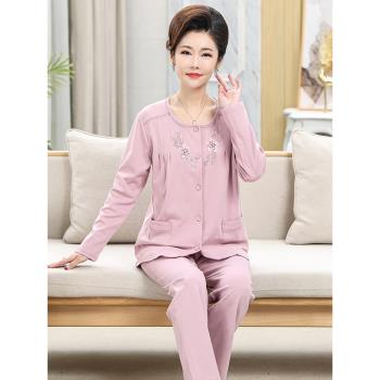 秋季純棉圓領中老年媽媽女士睡衣