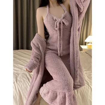 睡衣女秋冬季加厚珊瑚絨高級感性感睡裙睡袍兩件套裝法蘭絨家居服